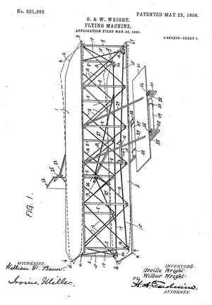 Drawing of the Wright brothers' flying machine from their patent